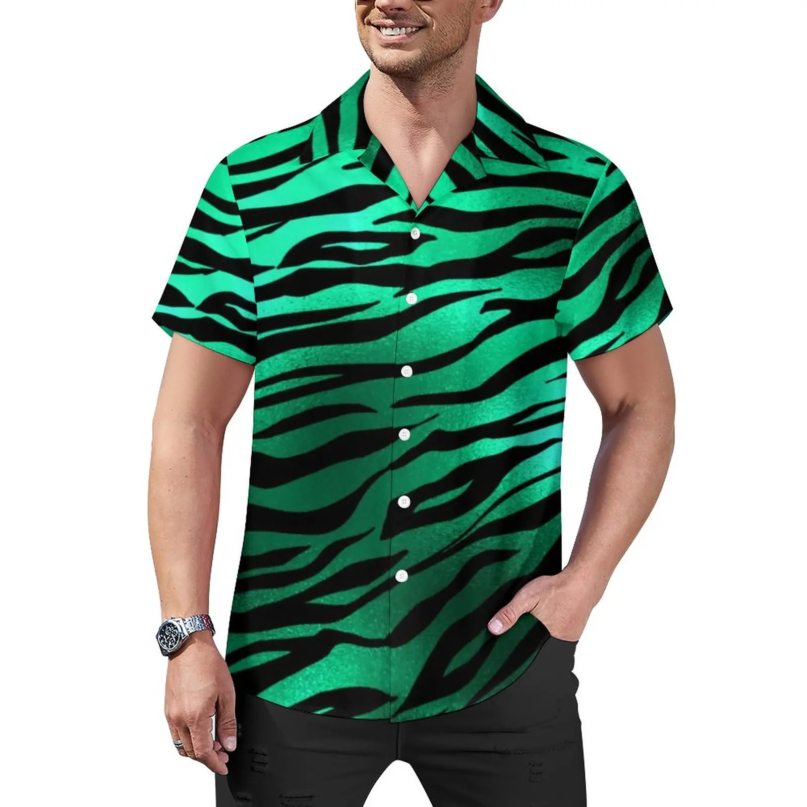 

Zebra Print Loose Shirt Man Vacation Green And Black Stripes Casual Shirts Hawaiian Design Short Sleeve Cool Oversized Blouses