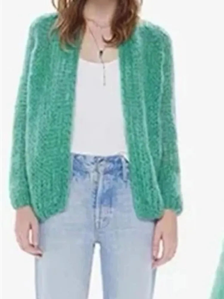 Women Mohair Wool Blend Knit Cardigan Green Loose Design V-Neck Long Sleeve Female Hollow Out Sweater Jacket 
Women Mohair Wool Blend Knit Cardigan Green Loose Design V-Neck Long Sleeve Female Hollow Out Sweater Jacket