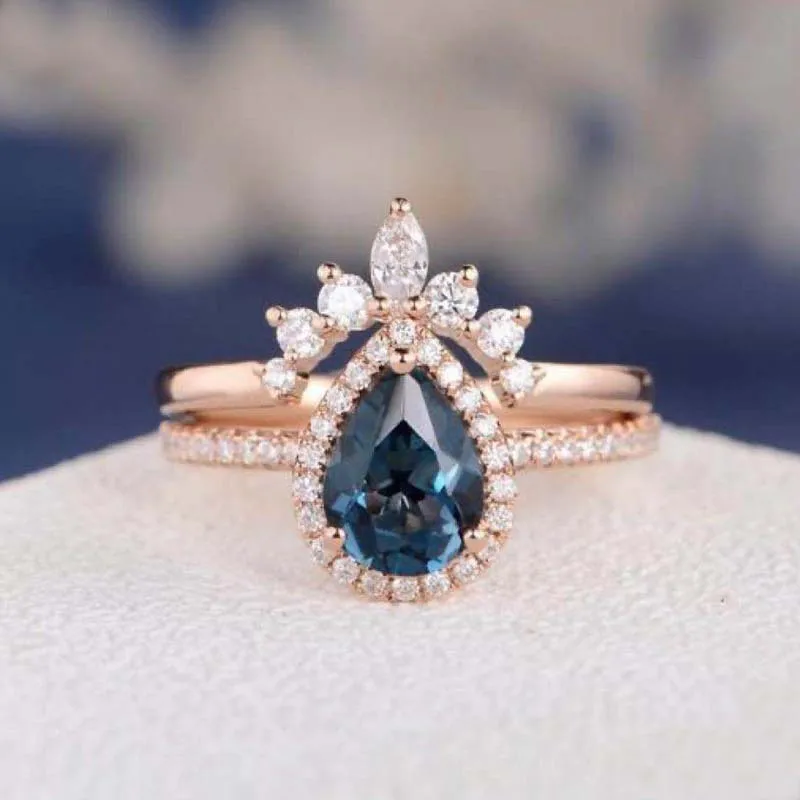 

Stone Wedding Ring Set Engagement Jewelry Fashion Qualities Rose Gold Colors Waterdrop Rings for Women Trendy Metal Inlaid Blue