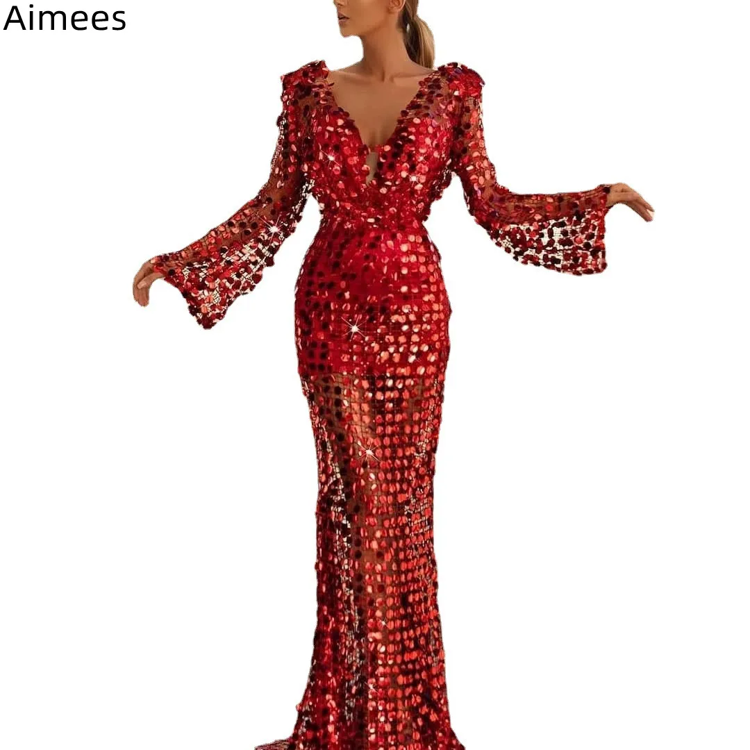 

Red Sequins Charming Woman Party Dress Deep V Neck See Through Flare Sleeves Sexy Nightclub Evening Dresses New Year