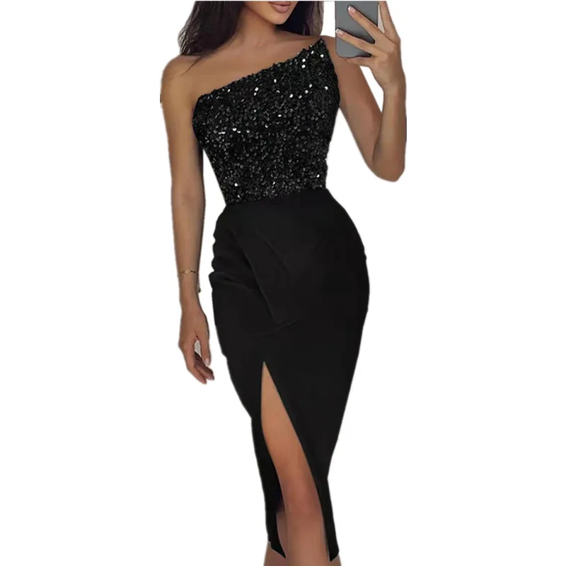 Women's Pure Color Sexy Beaded Split Long Dress Temperament One Shoulder Evening Dress
Women's Pure Color Sexy Beaded Split Long Dress Temperament One Shoulder Evening Dress