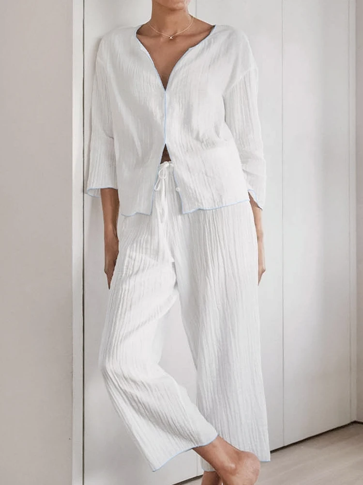 Linad Cotton Women's Nightwear 2 Piece Sets White Three Quarter Sleeve V Neck Sleepwear Female Trouser Suits Autumn Casual 2022
Linad Cotton Women's Nightwear 2 Piece Sets White Three Quarter Sleeve V Neck Sleepwear Female Trouser Suits Autumn Casual 2022