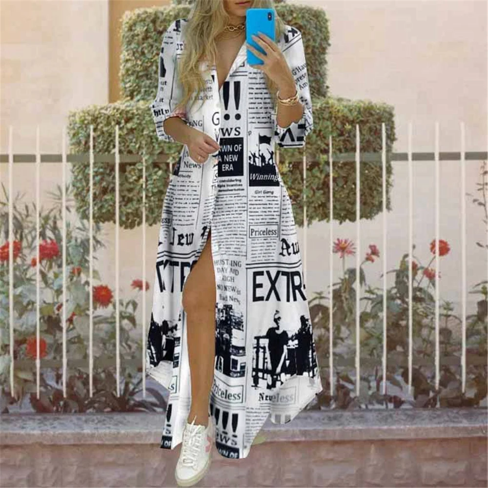 

Newspaper Letter Print Dress Women 2022 Single Breasted Button Irregular Boho Long Dresses Women Turn-down Collar Maxi Dress