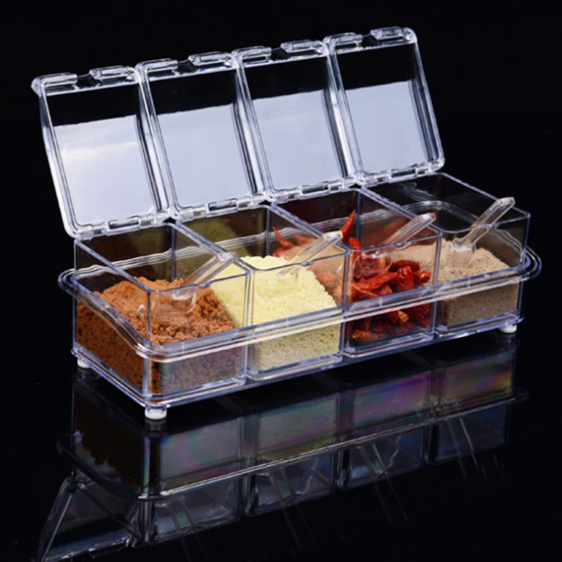 4 in 1 Durable Salt Spice Sugar Cruet Condiment Jars Seasoning Storage Box with Spoons Home Kitchen Organizer Accessories
4 in 1 Durable Salt Spice Sugar Cruet Condiment Jars Seasoning Storage Box with Spoons Home Kitchen Organizer Accessories