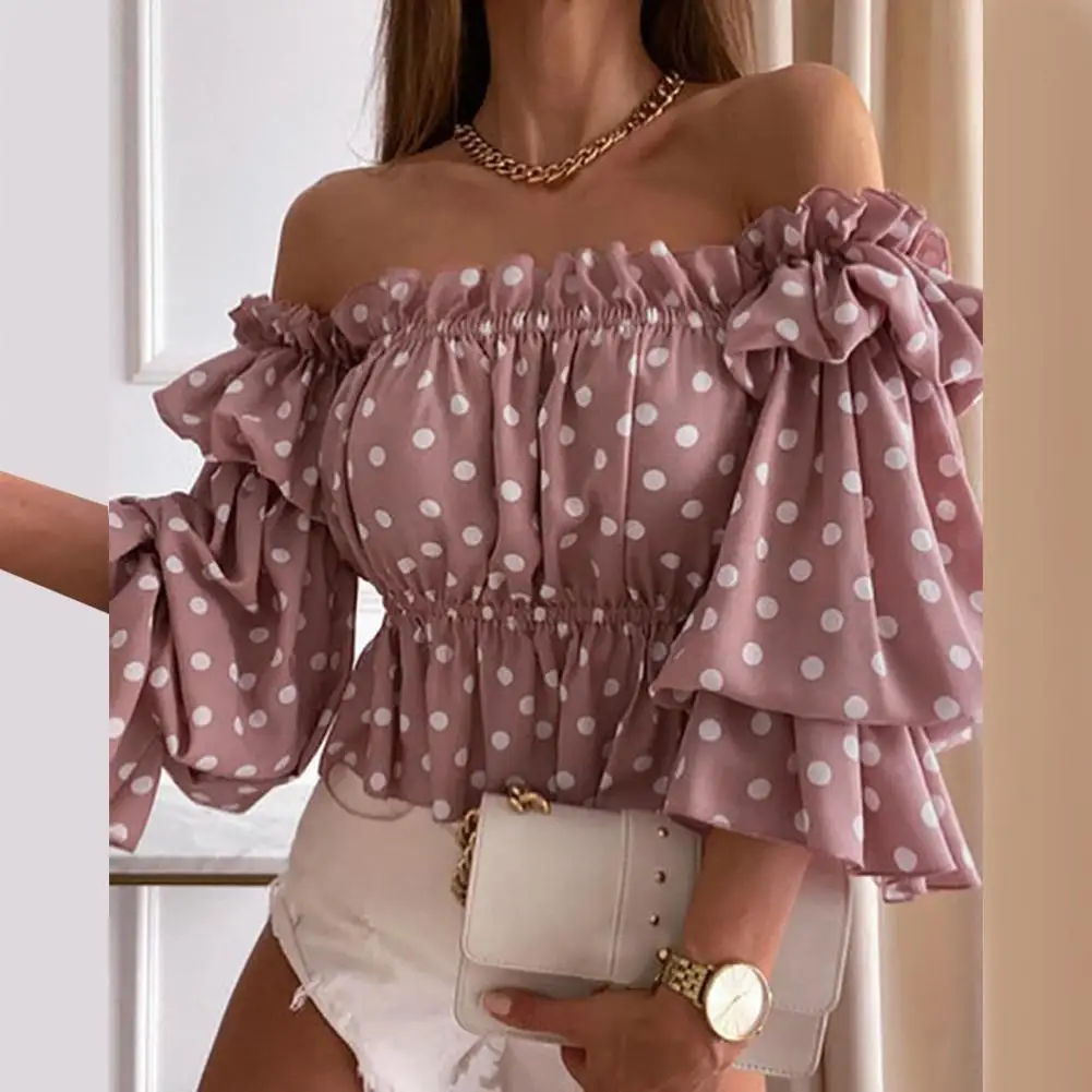 

Sexy Elegant Shirt Floral Printed Colorful Off Shoulder Flounce Shirt Sweet Flare Sleeve Top for Dating