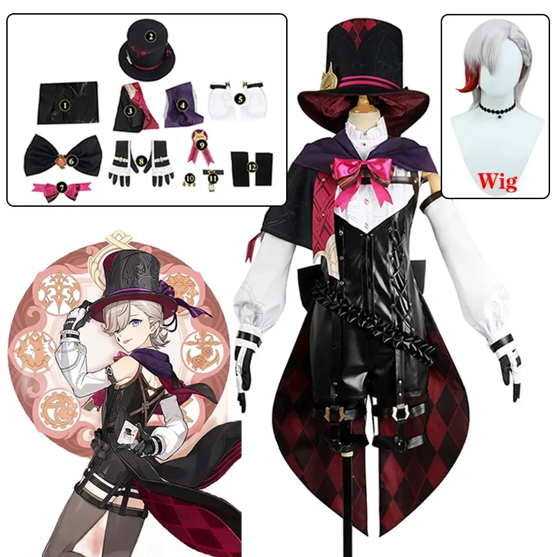 Disfraz de Cosplay de Genshin Impact Lyney, peluca de Вдавленный Lyney, равномерная курелка, sombrero, vestido, falda
Disfraz de Cosplay de Genshin Impact Lyney, peluca de Вдавленный Lyney, равномерная курелка, sombrero, vestido, falda