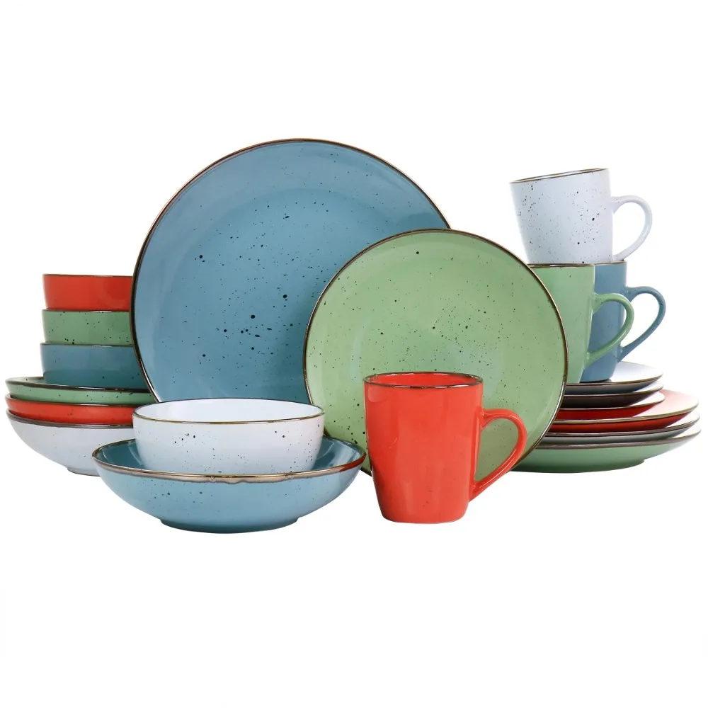 

BOUSSAC Cohen 20 Piece Mix and Match Round Stoneware Dinnerware Set in Assorted Colors Serving Ware Kitchen Dish Dinner Plates