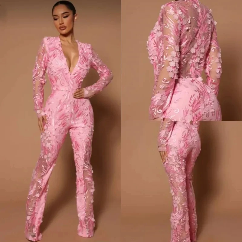 Pink Lace Jumpsuit Evening Dresses For women 2024 Long Sleeves V-Neck Special Occasion Gown Illusion Back Sexy Prom Wear 2024
Pink Lace Jumpsuit Evening Dresses For women 2024 Long Sleeves V-Neck Special Occasion Gown Illusion Back Sexy Prom Wear 2024