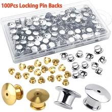 100Pcs Metal Locking Pin Backs Golden Silver Locking Pin Keepers with Storage Case Mini Locking Clasp for Broochs Badge Brooch