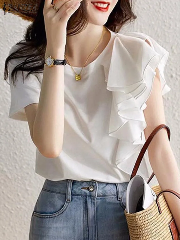 ZANZEA Elegant Women Blouses Casual Ruffles Stitching Short Sleeve Blusas Korean Fashion Round Neck Shirt Solid Color White Tops
ZANZEA Elegant Women Blouses Casual Ruffles Stitching Short Sleeve Blusas Korean Fashion Round Neck Shirt Solid Color White Tops