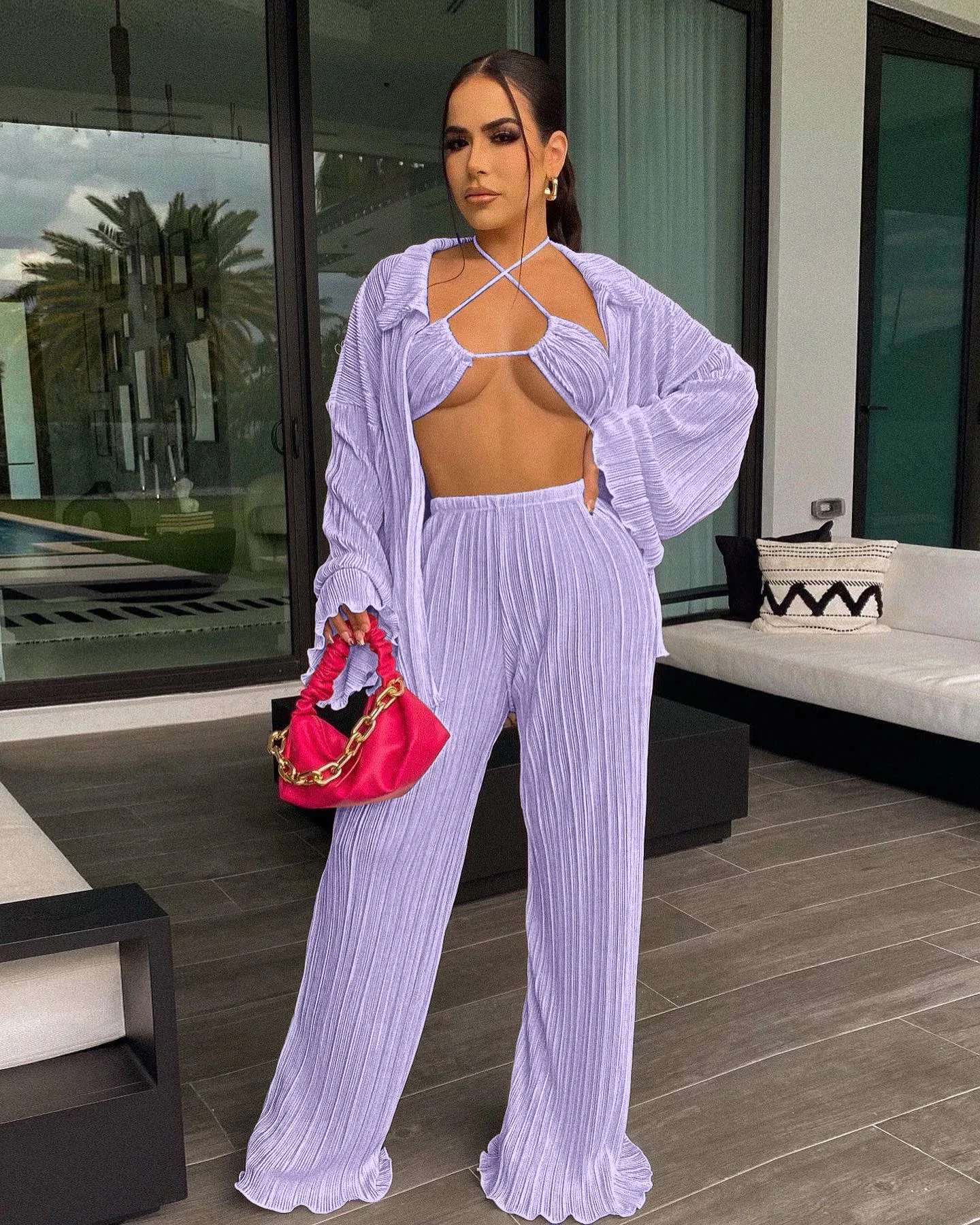 Summer Beach 3 Pcs Outfits Women Fashion Causal Beach Style Solid Pleated 3 Piece Set Bra Shirt Wide-leg Pants 3 Piece Set Women
Summer Beach 3 Pcs Outfits Women Fashion Causal Beach Style Solid Pleated 3 Piece Set Bra Shirt Wide-leg Pants 3 Piece Set Women