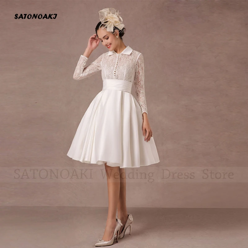 

Vestidos De Novia Elegant Satin Short Wedding Dress 2023 for Women Long Sleeve Lace High Neck Princesa Bridal Gown Robe Mariée