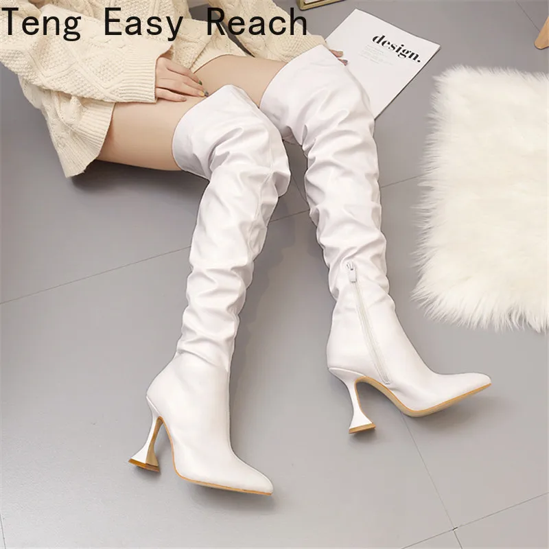 

New Design Pleated Leather Over The Knee Boots Fashion Runway Strange High Heels Sexy Pointed Toe Zip Womans Shoes white black