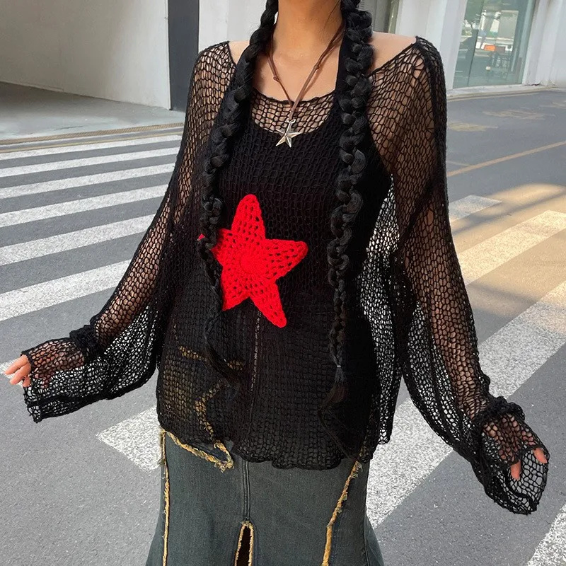 American Vintage Woven Pentagram Pattern Hollow Stitching Knit Long Sleeve Top Aesthetic Y2K Fairy Grunge 90S Loose Women Jumper
American Vintage Woven Pentagram Pattern Hollow Stitching Knit Long Sleeve Top Aesthetic Y2K Fairy Grunge 90S Loose Women Jumper