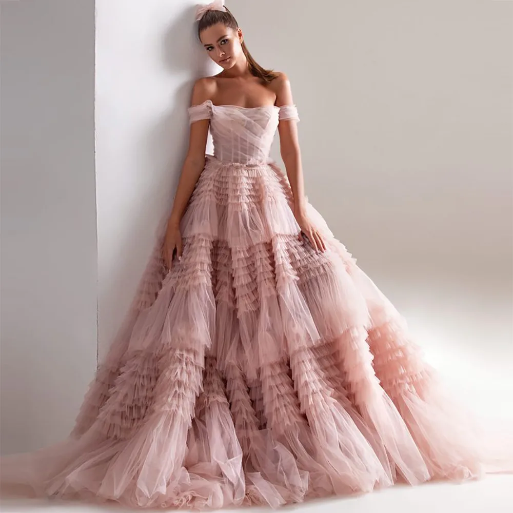 Pink Long Prom Dresses Sweetheart Crumpled Tulle Ruffles Evening Dresses Off Shoulder Tiered A-Line Party Dress
Pink Long Prom Dresses Sweetheart Crumpled Tulle Ruffles Evening Dresses Off Shoulder Tiered A-Line Party Dress