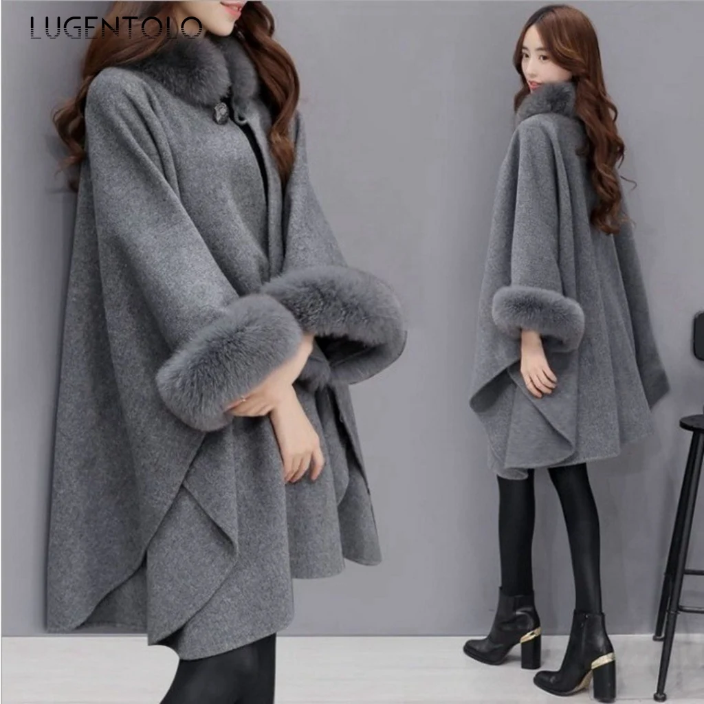 Lugentolo Korean Cape Women Autumn Winter Solid Elegant Fur Collar Coat Female Casual Loose Ponchos Street Temperament Jackets
Lugentolo Korean Cape Women Autumn Winter Solid Elegant Fur Collar Coat Female Casual Loose Ponchos Street Temperament Jackets