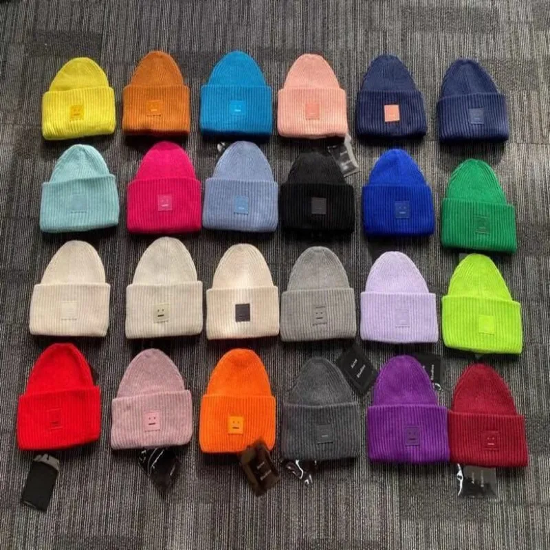 

2023 Acne Studios Men's and Women's Winter Hats Face Patch Knit Beanie Wools Smile Matching Hat Multicolor Thermal Beanies