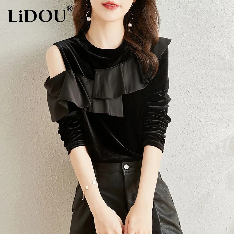 Spring Autumn Round Neck Ruffles Hollow Out Black T-shirt Lady Sexy Casual Fashion All-match Pullover Top Women Long Sleeve Tee
Spring Autumn Round Neck Ruffles Hollow Out Black T-shirt Lady Sexy Casual Fashion All-match Pullover Top Women Long Sleeve Tee