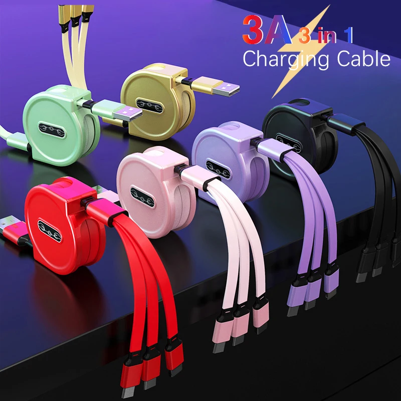 

3 в 1 Выдвижной зарядный провод 3 А, шнур для передачи данных, USB-кабель Micro USB Type-C, зарядный кабель для Samsung, Xiaomi, Huawei, iPhone 13, 12, 11