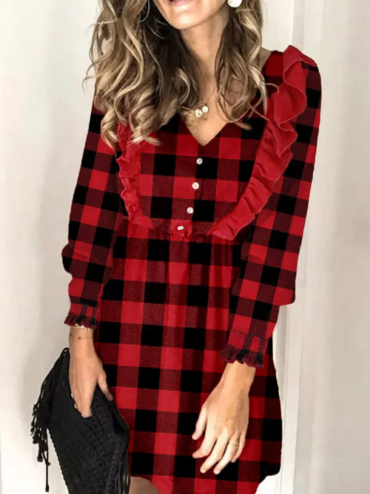 Elegant Dresses for Women Casual Vintage Buffalo Plaid Ruffled A-Line Gingham Check V Neck Long Sleeve Christmas Shirt Dress
Elegant Dresses for Women Casual Vintage Buffalo Plaid Ruffled A-Line Gingham Check V Neck Long Sleeve Christmas Shirt Dress