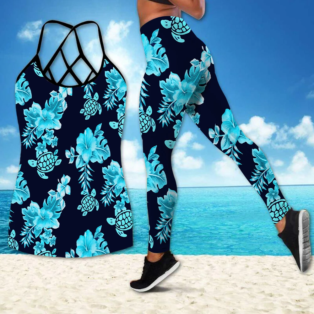 

Leggings Women 2 Piece Yoga Set Hawaii Hibiscus Turtle Tank Tops and Legging Suit Sportwear Running Fitness Gym Sport Suits