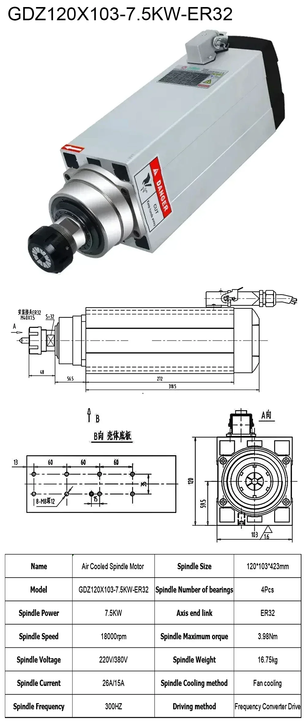 Двигатель шпинделя с ЧПУ воздушного охлаждения 1.5-7.5 кВт 220/380 В 4 подшипника
Двигатель шпинделя с ЧПУ воздушного охлаждения 1.5-7.5 кВт 220/380 В 4 подшипника