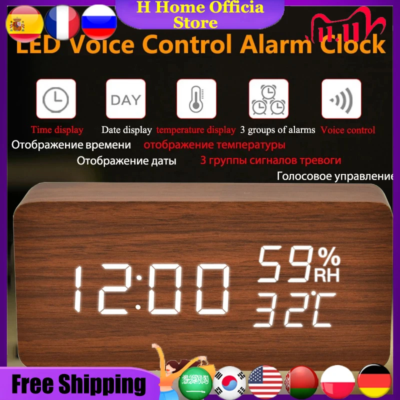 

USB/AAA Powered LED Wooden Alarm Clock WatchTable Clocks Voice Control Digital Wood Despertador Electronic Desktop Table Decor