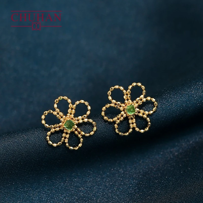

CHUHAN Real 18K Solid Gold Stud Earrings Au750 Inlaid Emeralds Natural Emerald Earring Gifts Women Sun Flower Shape Fine Jewelry