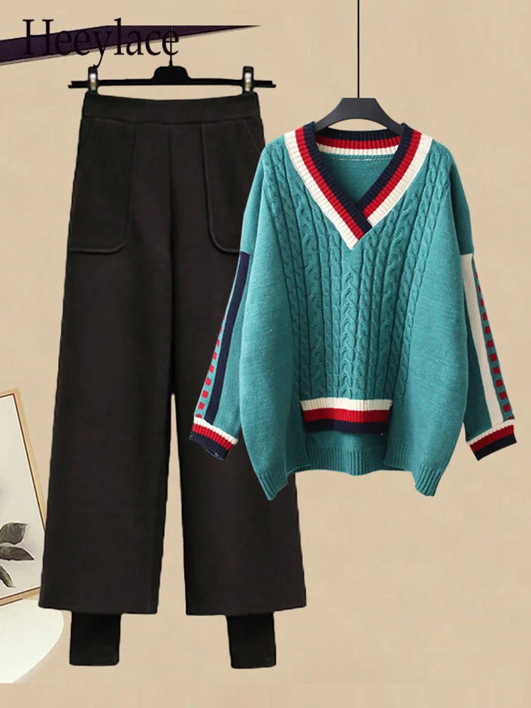 Autumn Winter 2 Piece Sets Women Patchwork Long Sleeve Knitted Sweater + Warm High Waist Wide Leg Pants Sets Women Elegant Suits 
Autumn Winter 2 Piece Sets Women Patchwork Long Sleeve Knitted Sweater + Warm High Waist Wide Leg Pants Sets Women Elegant Suits
