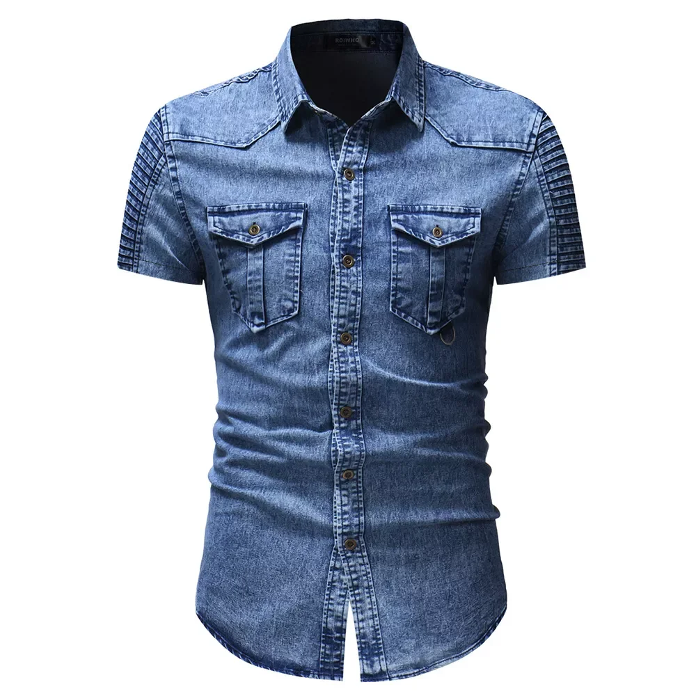 Fold Sleeve Pocket Shirts Fashion Casual Solid Denim Shirts Camiseta Masculina New Short Sleeves Men's Shirts Short
Fold Sleeve Pocket Shirts Fashion Casual Solid Denim Shirts Camiseta Masculina New Short Sleeves Men's Shirts Short