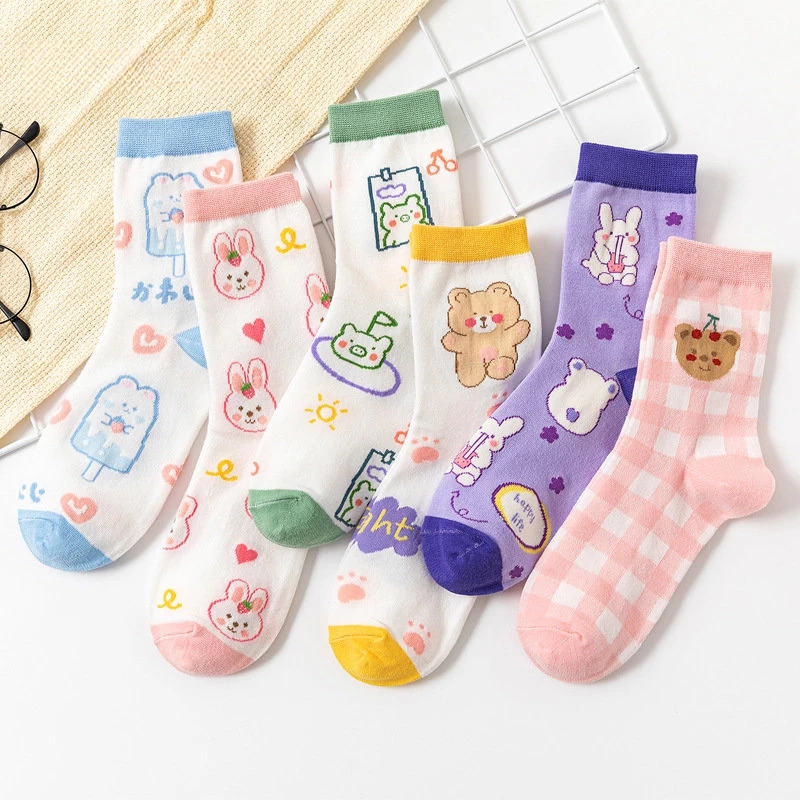 

Милые женские носки Харадзюку с принтом животных, дизайнерские милые носки с изображением кролика, медведя, абстрактная картина маслом, креативные носки в Корейском стиле для творчества