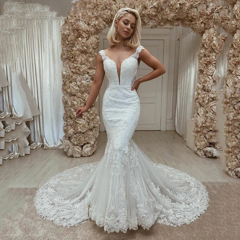 Sexy Mermaid Wedding Dresses Sleeveless V-Neck Lace Boho Bride Dress Illusion Backless Wedding Party Gowns 2022
Sexy Mermaid Wedding Dresses Sleeveless V-Neck Lace Boho Bride Dress Illusion Backless Wedding Party Gowns 2022