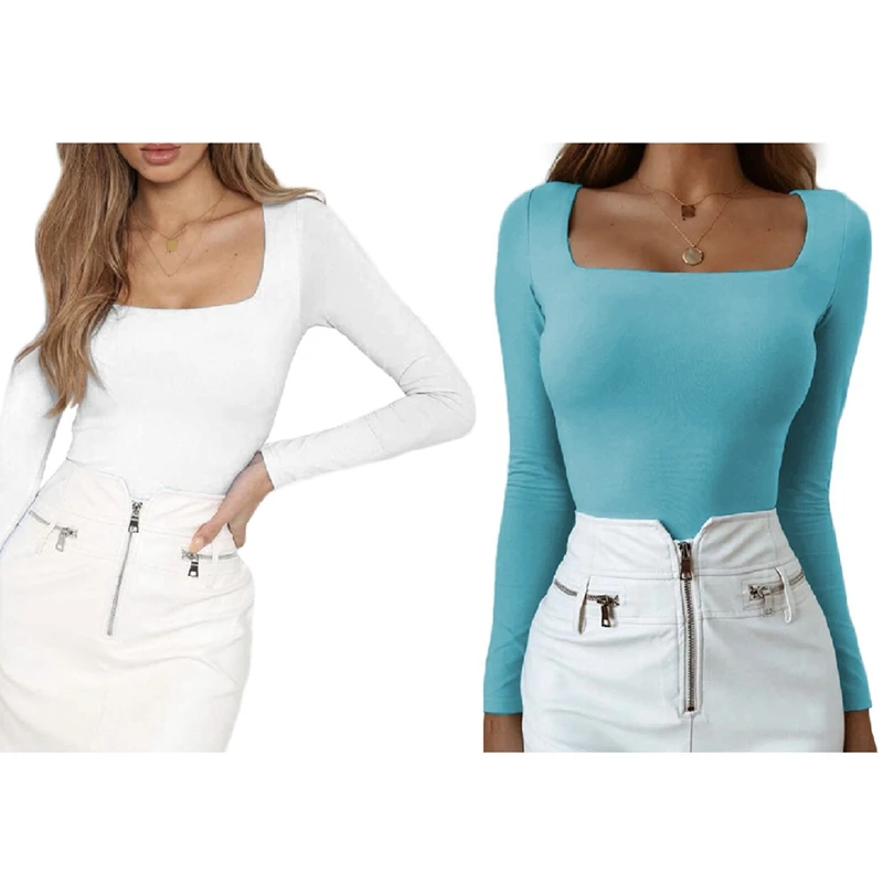 2X Women's Sexy Solid Color Slim Square Collar Long Sleeve T-Shirt Bottoming Top M Size White/Light Blue 
2X Women's Sexy Solid Color Slim Square Collar Long Sleeve T-Shirt Bottoming Top M Size White/Light Blue