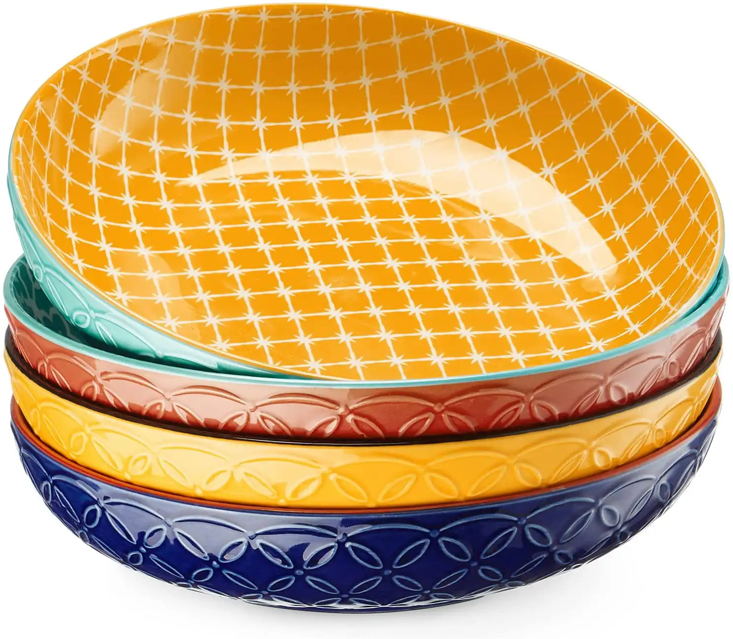 

Vibrant Color Pasta Bowls, 8.5"Large Salad Serving Bowls, 34 oz Set of 4, Microwave Dishwasher Safe, Mix-match Pattern, Ideal Ho