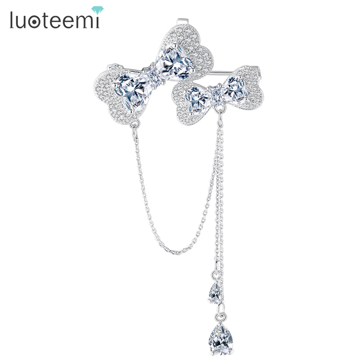 

LUOTEEMI Elegant Double Bow knot Hang On Tassel Brooch CZ Romantic Girl Party Accessories Wedding Dressing Zirconia Jewelry