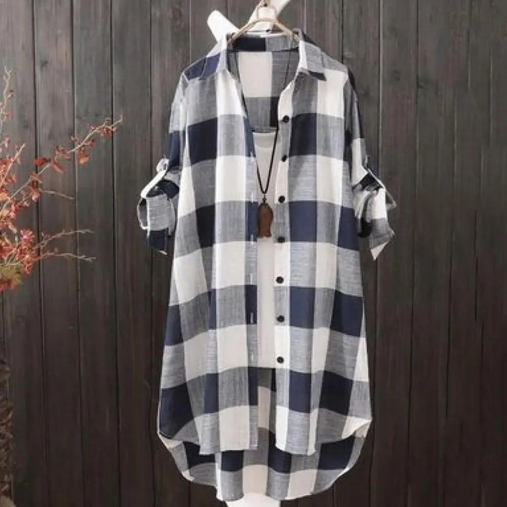 Turn-Down Collar Roll-up Sleeve Buttons Closure Sunscreen Shirt Plaid Print Mid-Length Loose Shirt Female Clothing
Turn-Down Collar Roll-up Sleeve Buttons Closure Sunscreen Shirt Plaid Print Mid-Length Loose Shirt Female Clothing