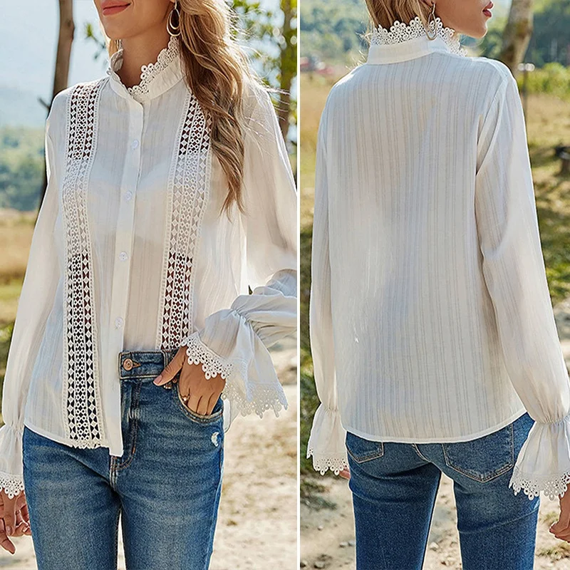 Women's Hollow Lace Stitching Trumpet Sleeve Stand Collar Long Sleeve White Shirt Blouse
Women's Hollow Lace Stitching Trumpet Sleeve Stand Collar Long Sleeve White Shirt Blouse