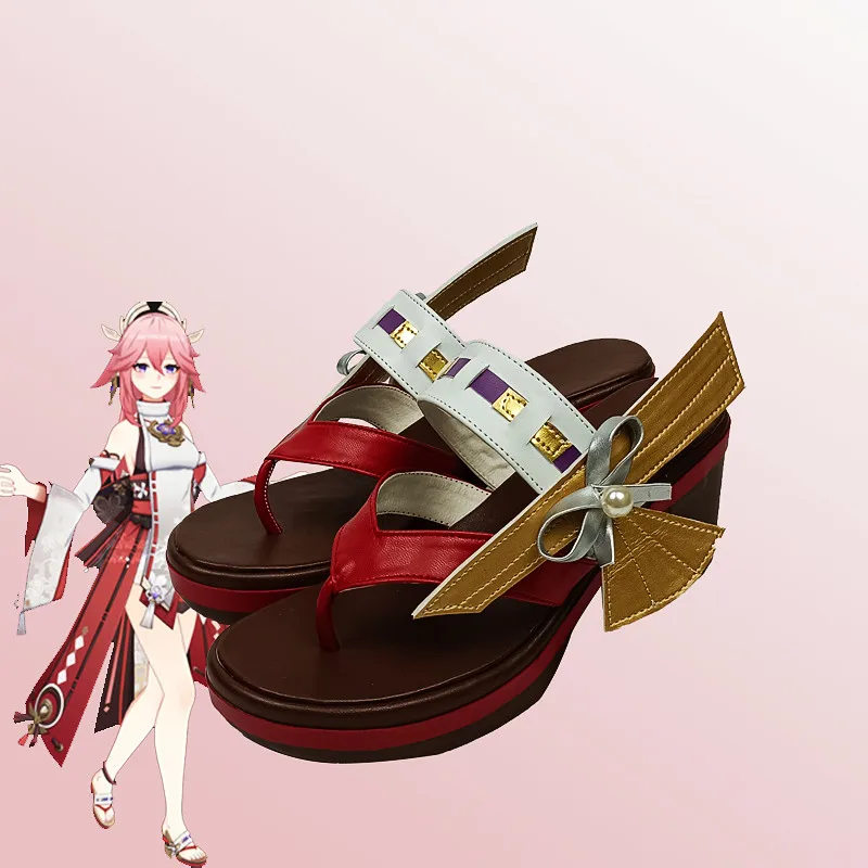 

Женские шлепанцы для косплея Genshin Impact Yae Miko, уличная легкая крутая обувь, шлепанцы на толстом высоком каблуке, Нескользящие сандалии