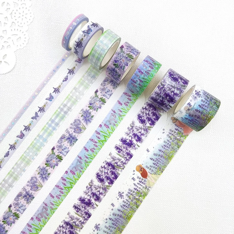 

7Pcs Lavender Washi Tapes Scrapbooking Silver Foil Masking Tape Journal Supplies Decorative Adhesive Tape Flowers Washi Tape Set