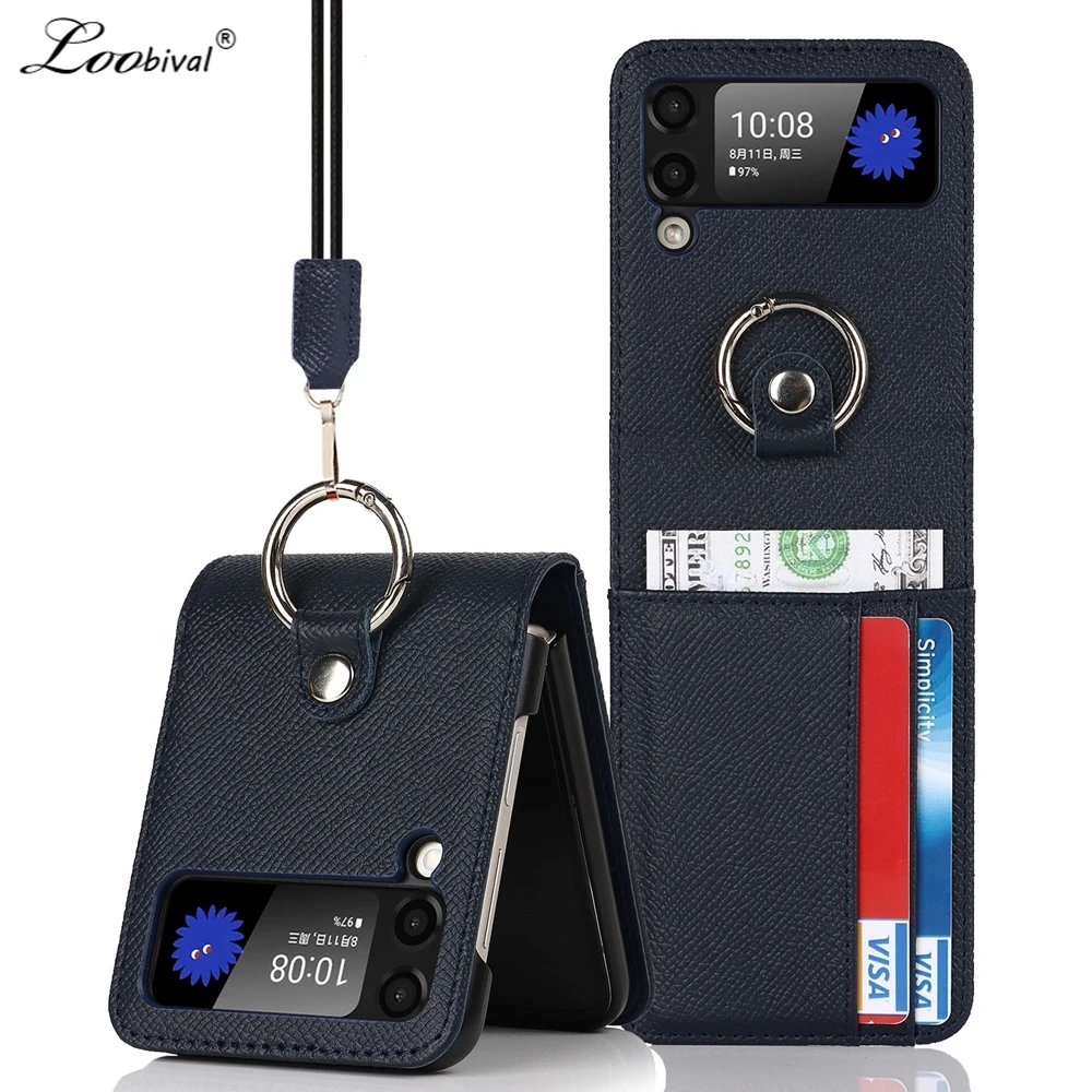 

For Samsung Galaxy Z Flip 3 Luxury Leather Card Bag Lanyard Case For Samsung Z Flip3 Zflip 3 ZFlip3 Ring Holder Soft TPU Cover