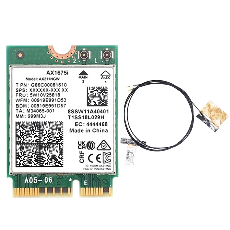 AX1675I WIFI Card+2Xantenna Wifi 6E M.2 Key E Cnvio 2 Tri Band Kit 2.4G/5G/6Ghz Wireless Card AX211 BT 5.2 Support Win 10
AX1675I WIFI Card+2Xantenna Wifi 6E M.2 Key E Cnvio 2 Tri Band Kit 2.4G/5G/6Ghz Wireless Card AX211 BT 5.2 Support Win 10