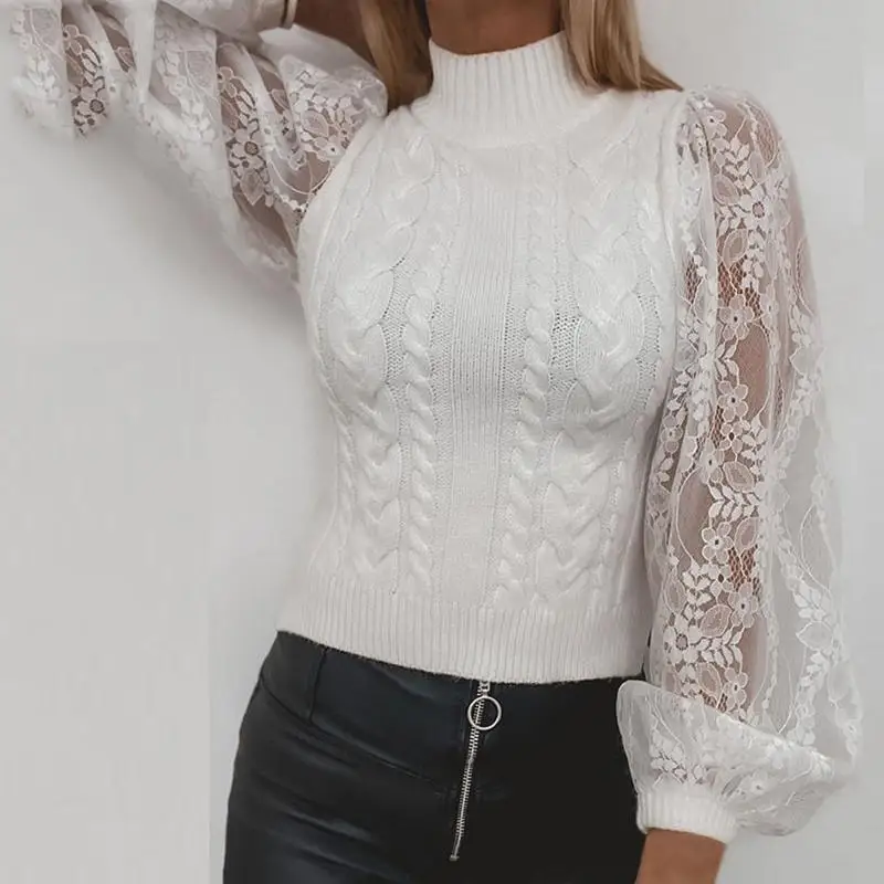 Elegant White Stitching Lace Long Sleeve Knitted Sweater Women Fashion New High Neck Loose Casual Solid Color Oversized Sweaters
Elegant White Stitching Lace Long Sleeve Knitted Sweater Women Fashion New High Neck Loose Casual Solid Color Oversized Sweaters