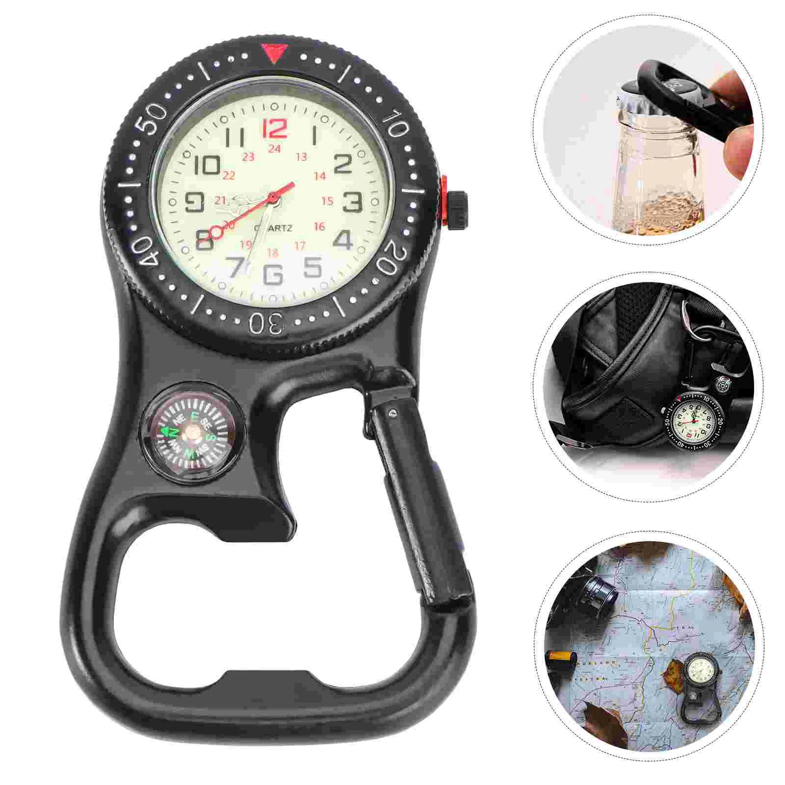 

Clip-On Carabiner Luminous Face Backpacker FOB Watch With Compass Bottle Opener For Mountaineering Sports Equipment Black