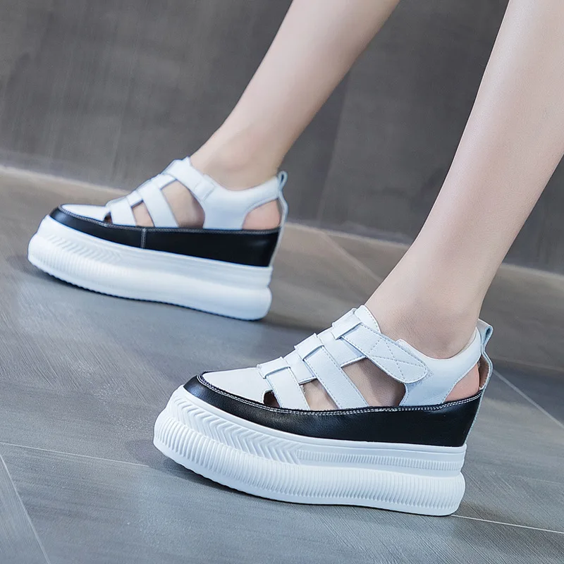 

8cm Genuine Leather Women Sandals Platform Sneakers Women Shoes Hidden Heel Women Summer Shoe Sandals Beach Shoes Slipper