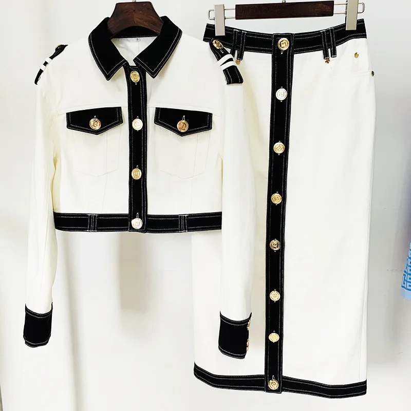 2022 Autumn And Summer New European And American Star Fashion Color Matching Denim Short Jacket Coat Long Skirt Suit Two-piece
2022 Autumn And Summer New European And American Star Fashion Color Matching Denim Short Jacket Coat Long Skirt Suit Two-piece