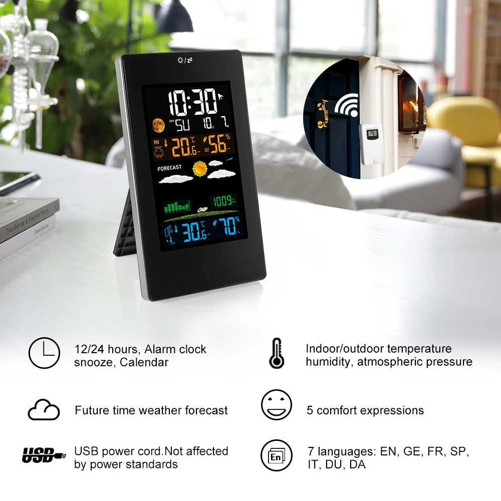 

FanJu FJ3389B Wall Clock Color Weather Station LCD Digital Alarm Temperature Humidity Comfort display Table Sensor Modern Design
