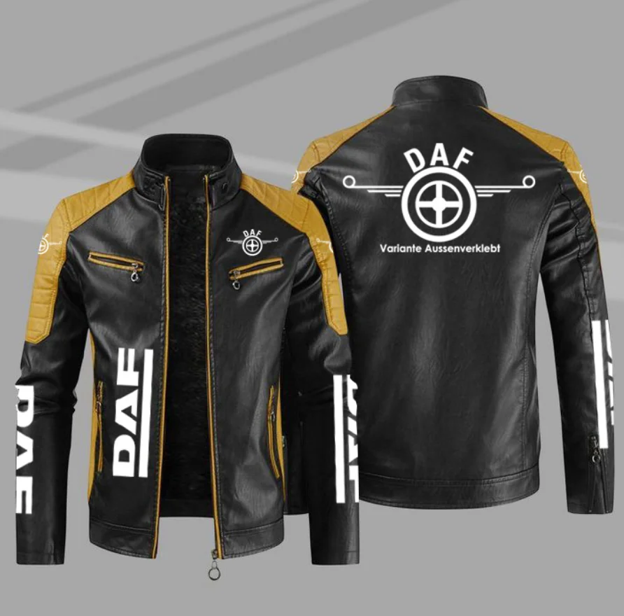 

Autumn Brand New Causal Vintage Leather DAF logo Jacket Coat Men Spring Outfit Design Motor Biker Pocket PU Leather Jacket Men