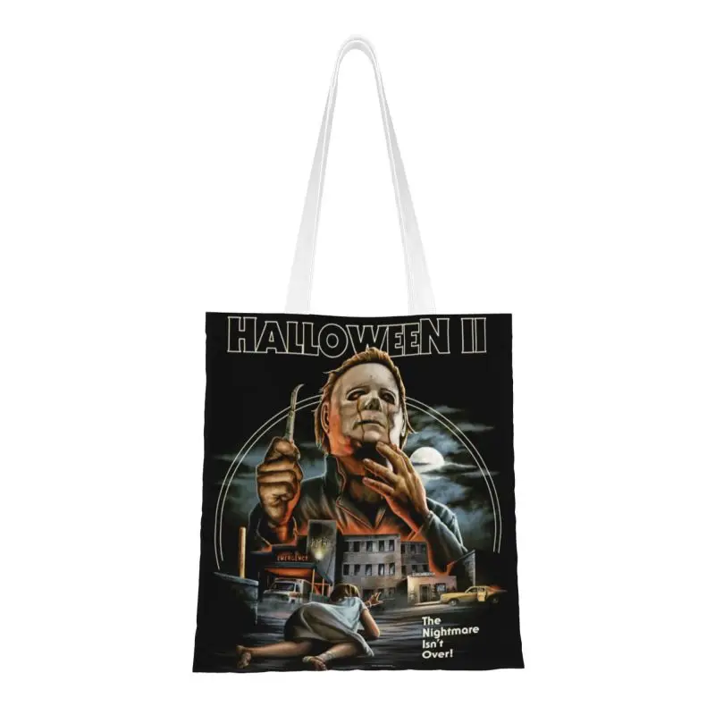 

Custom Michael Myers Halloween Horror Movie Shopping Canvas Bag Women Durable Grocery Tote Shopper Bags