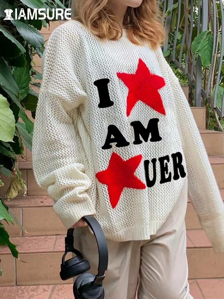 IAMSURE Casual Star Character Pattern Knitted Sweaters Loose Hollow Out O-Neck Long Sleeve Pullovers Women 2023 Autumn Winter
IAMSURE Casual Star Character Pattern Knitted Sweaters Loose Hollow Out O-Neck Long Sleeve Pullovers Women 2023 Autumn Winter
