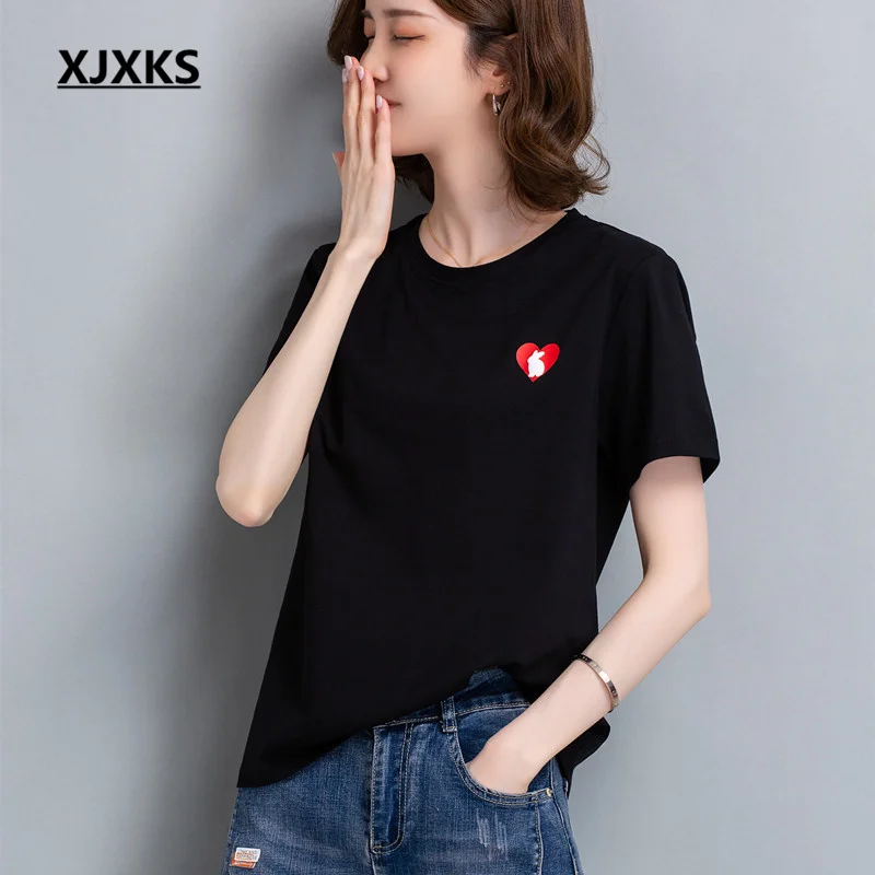 XJXKS 2023 Summer New High-end Temperament 100% Cotton Short-sleeved Tops Comfortable Round Neck Women's T-shirt
XJXKS 2023 Summer New High-end Temperament 100% Cotton Short-sleeved Tops Comfortable Round Neck Women's T-shirt